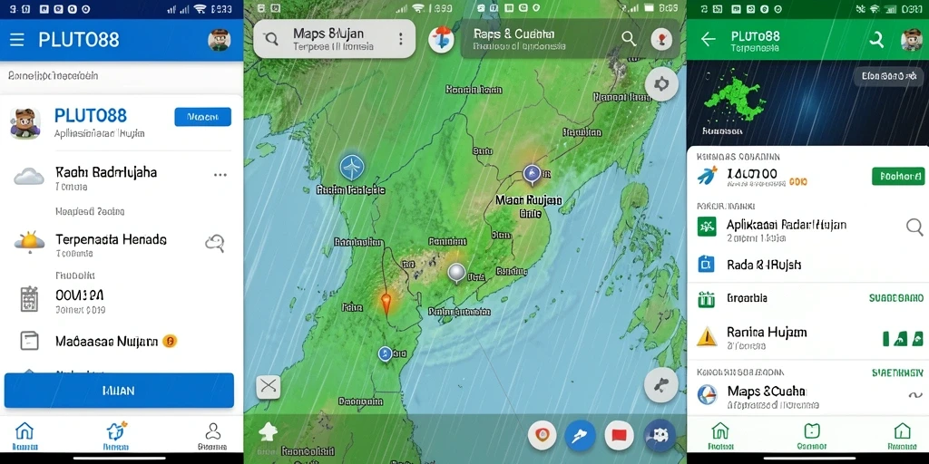 Antarmuka utama aplikasi PLUTO88 menampilkan radar hujan dengan informasi terkini.